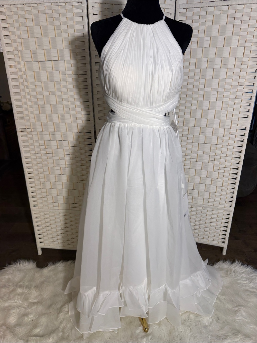 Mac Duggal White Halter Pleated Maxi Dress